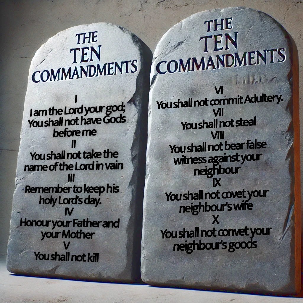 Two stone tablets engraved with the 10 Commandments, symbolizing God’s laws given to Moses on Mount Sinai.