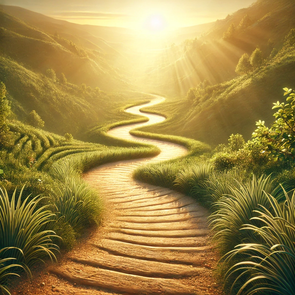 A winding path leading into soft light, symbolizing hope and God’s guidance in honouring difficult parents.