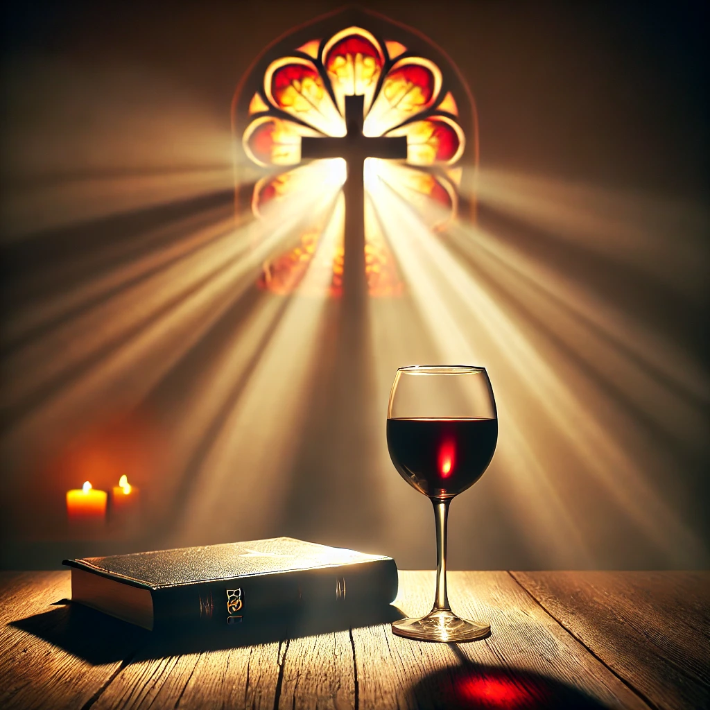 A glass of red wine and a Bible sit on a wooden table, illuminated by golden light streaming through a stained-glass window with a cross at its center. In the background, two candles flicker, adding to the warm and reverent atmosphere.