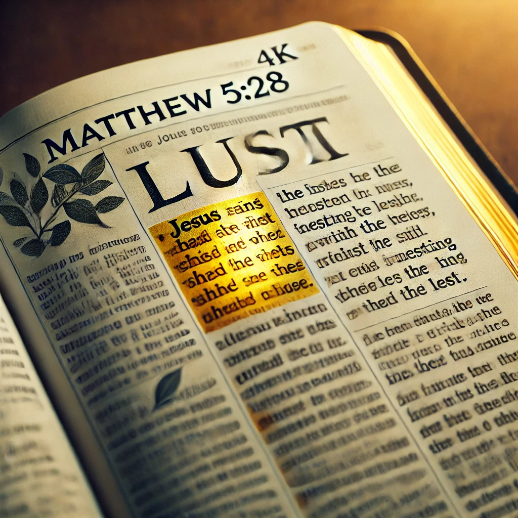 An open Bible with Matthew 5:28 highlighted, teaching about overcoming lust.