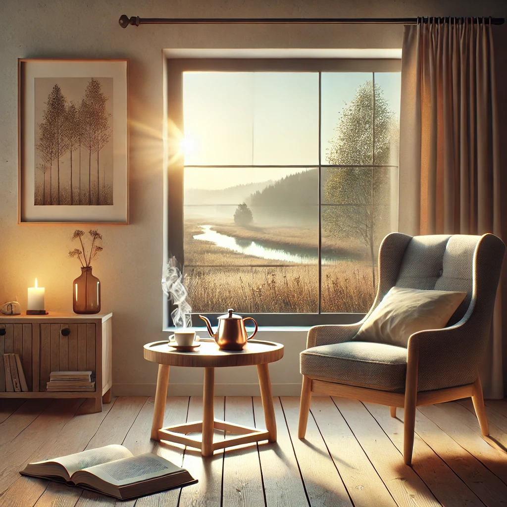 A cozy, minimalist home interior featuring a comfortable armchair by a window overlooking a serene natural landscape. A small table beside the chair holds a steaming cup of tea and an open book, with warm sunlight streaming through the window.