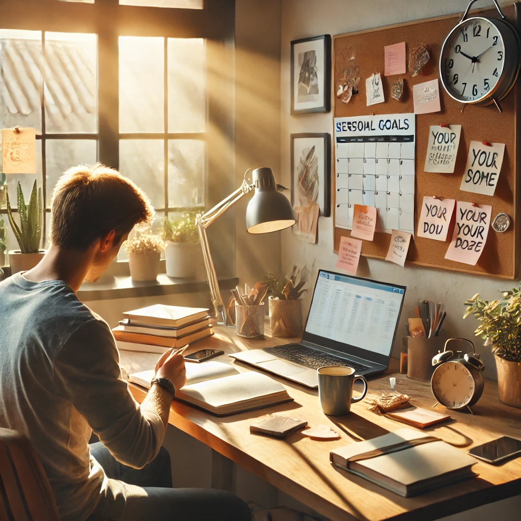 A serene workspace with a minimalist home office setup featuring a desk with a laptop, an open journal, motivational sticky notes, a small plant, and a cup of coffee. Sunlight streams through a nearby window, creating a calm and focused atmosphere.