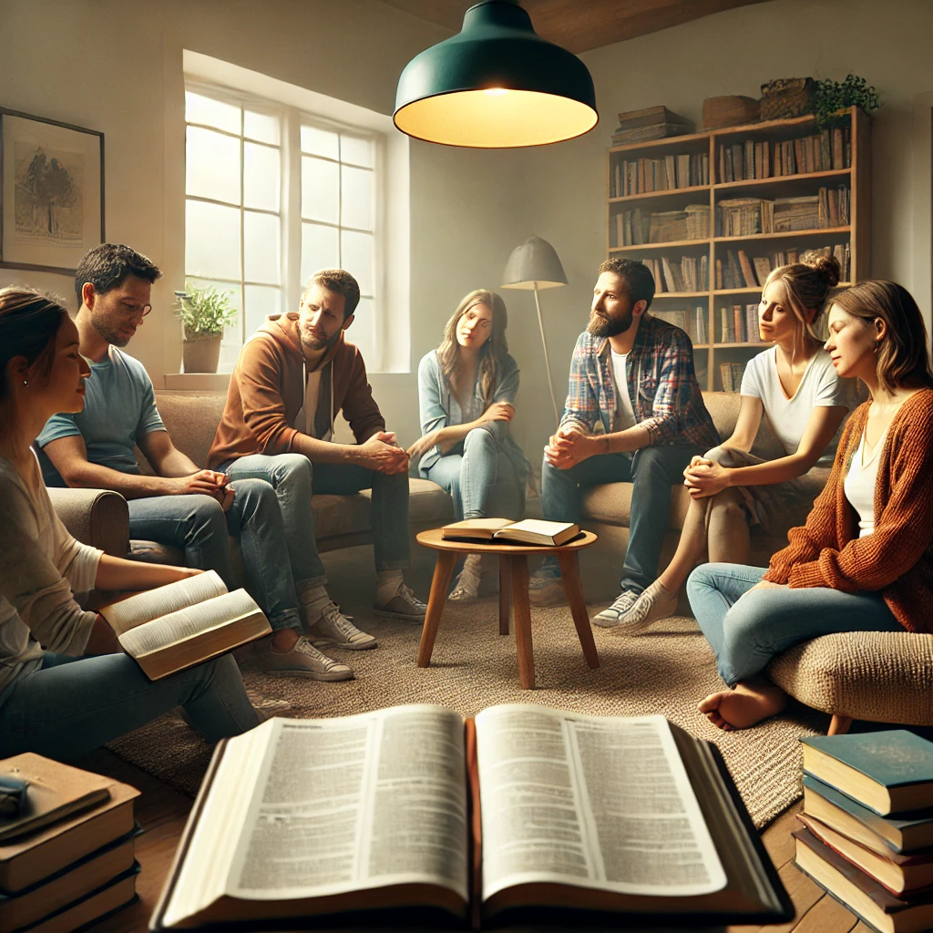 A small group studying the Bible together, symbolizing Protestantism’s emphasis on Scripture and community.