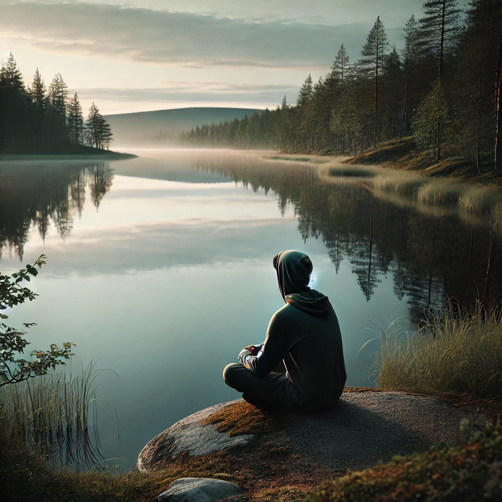 A person sitting by a peaceful lake, reflecting and waiting for God’s guidance.