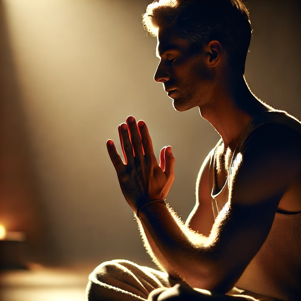 A person praying with folded hands, symbolizing the role of prayer in overcoming lust.