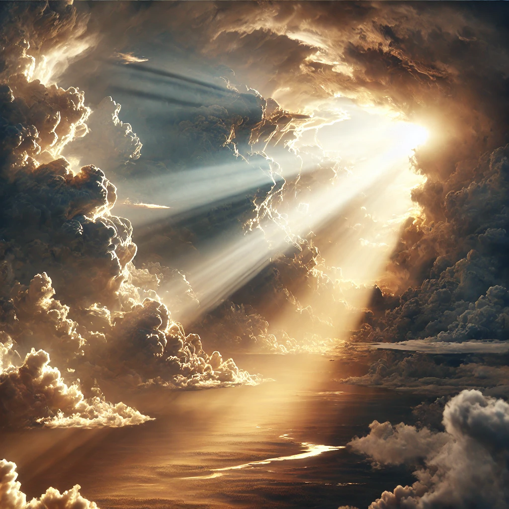 Sunlight breaking through clouds, symbolizing God’s gentle and guiding voice.