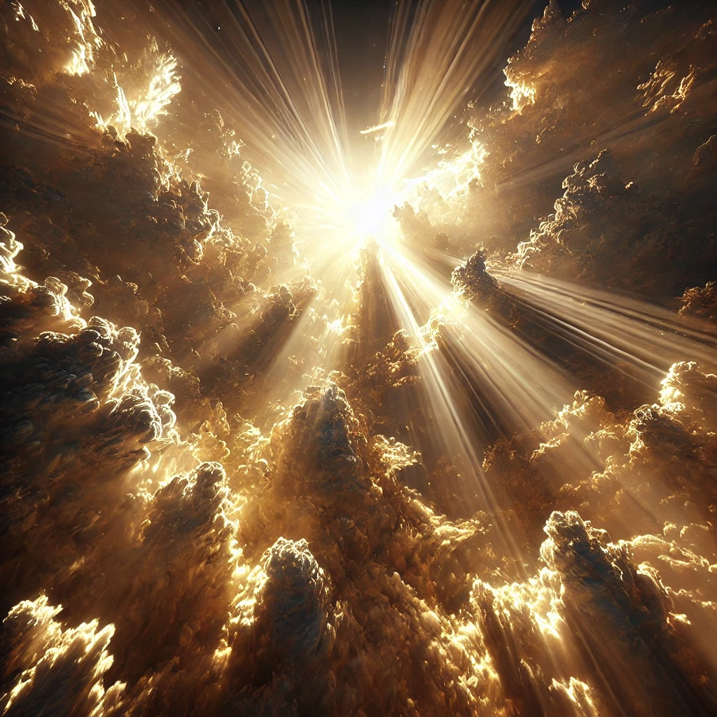 Radiant light breaking through clouds, symbolizing the glory and majesty of God.