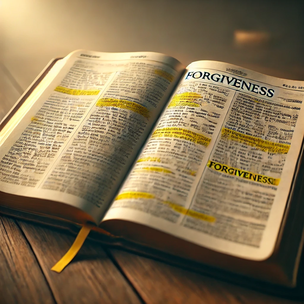 An open Bible with verses about forgiveness highlighted, symbolizing God’s promise to forgive sin.