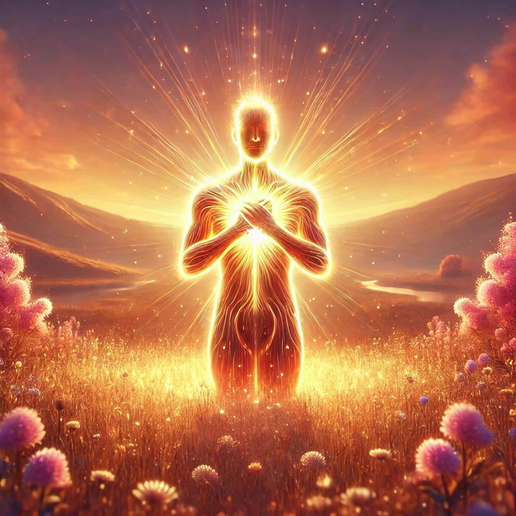 A serene image of a glowing figure with golden light radiating from their chest, symbolizing gratitude. The figure stands in an open field at sunrise, hands clasped in a gesture of thankfulness. The background features rolling hills, blooming flowers, and a vibrant sky with soft hues of orange, pink, and gold, evoking peace and contentment.