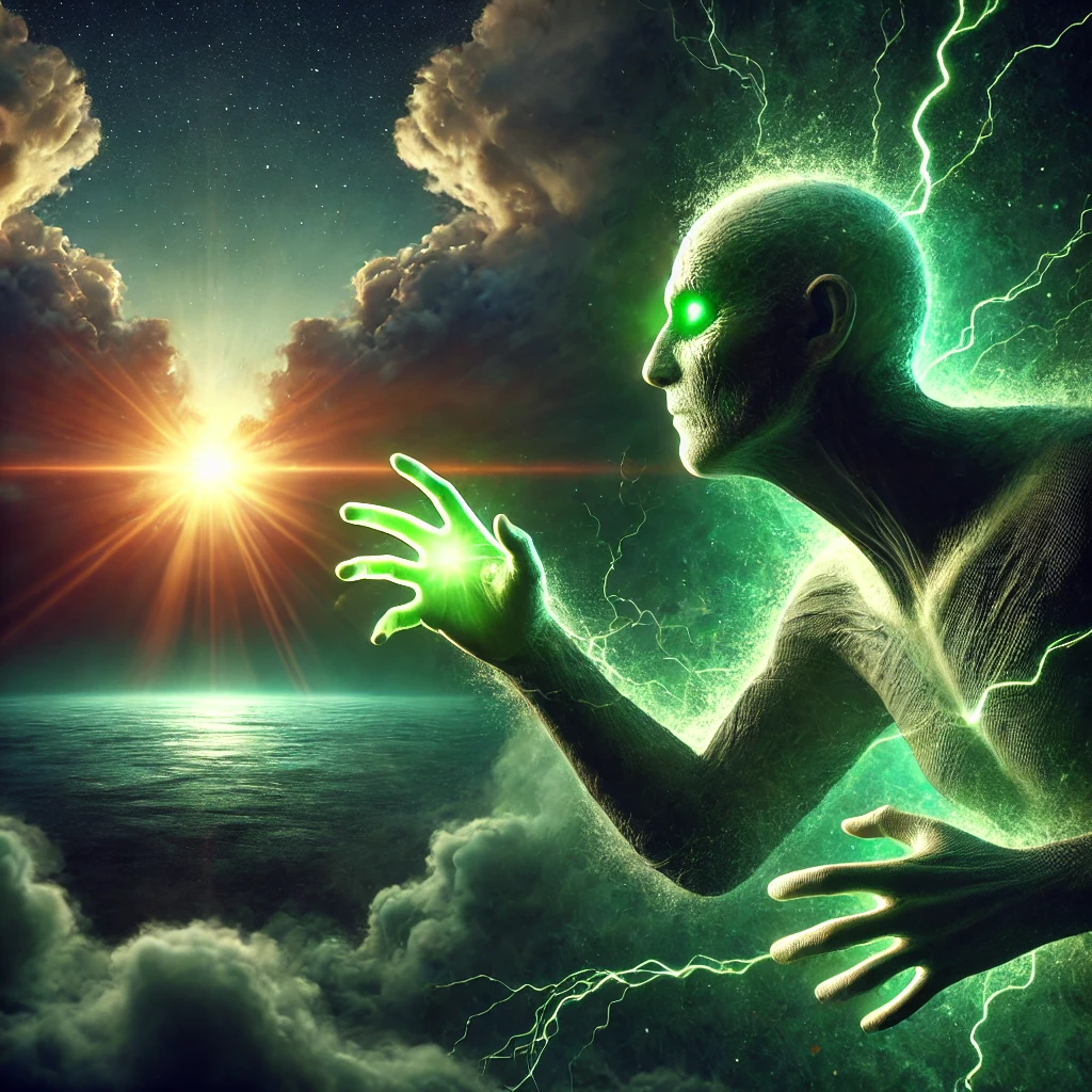 A surreal image of a glowing green figure reaching out toward a shining object in the distance, symbolizing envy and unattainable desire. The background features dark, stormy clouds with faint green lightning and an eerie green mist enveloping the figure. Shadows stretch unnaturally, adding to the dramatic and emotional atmosphere.