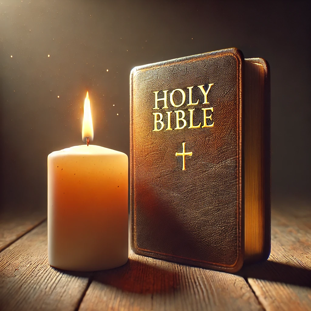 A glowing candle next to a closed Bible, symbolizing faith and reflection on how to pray.