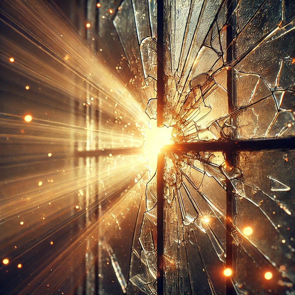 Sunlight streaming through the cracks of a broken window, symbolizing God’s healing and redemption.