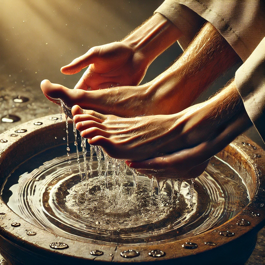 Feet being washed in a basin, symbolizing humility as taught by Jesus.