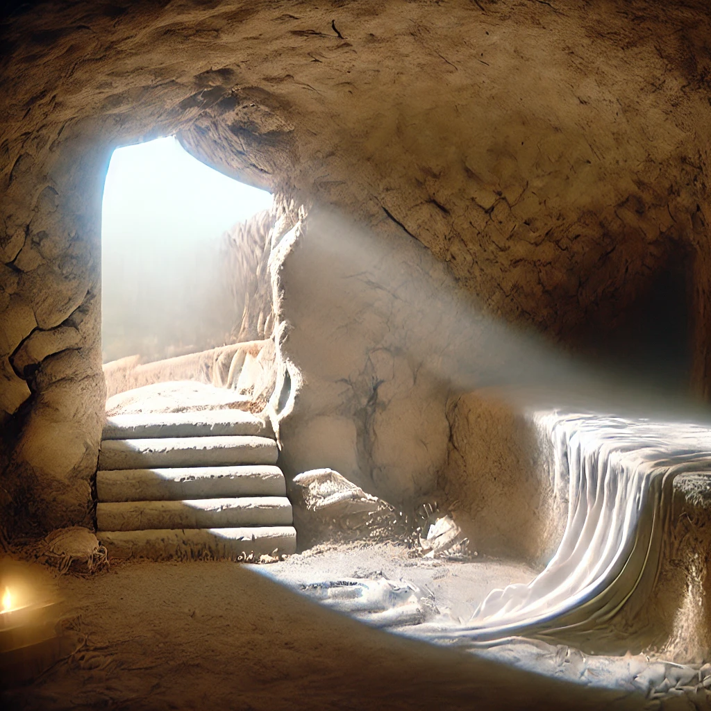 An empty tomb with sunlight streaming in, symbolizing the resurrection of Jesus Christ and victory over death.