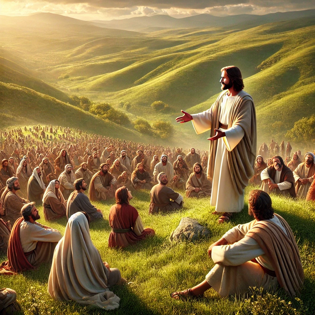 Jesus teaching a crowd, illustrating how He fulfilled the law and emphasized love and grace.