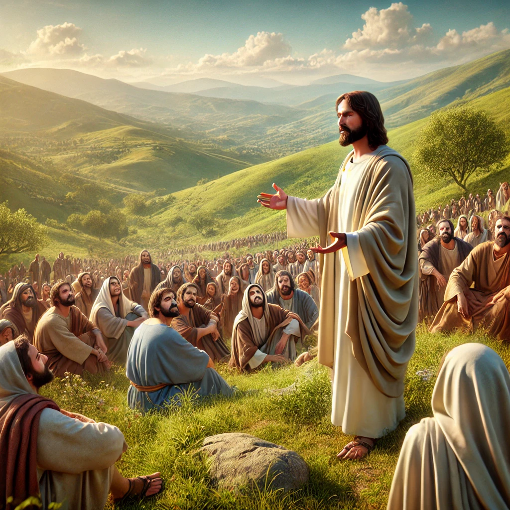 Jesus Christ delivering the Sermon on the Mount to a gathered crowd, teaching about love, forgiveness, and faith.