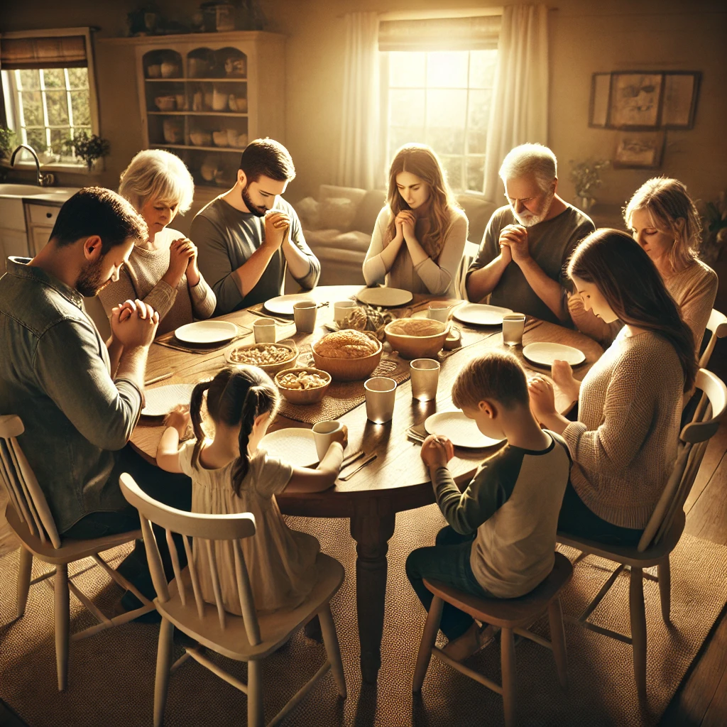 A family praying together, reflecting the relevance of the 10 Commandments in modern Christian living.