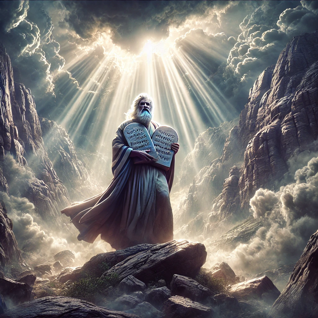 Moses on Mount Sinai receiving the 10 Commandments from God amidst clouds and rays of light.