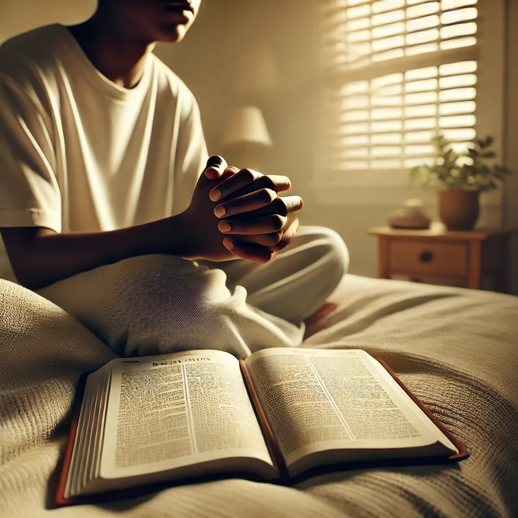 A young person praying on their bed with an open Bible, showing how to pray as a beginner.