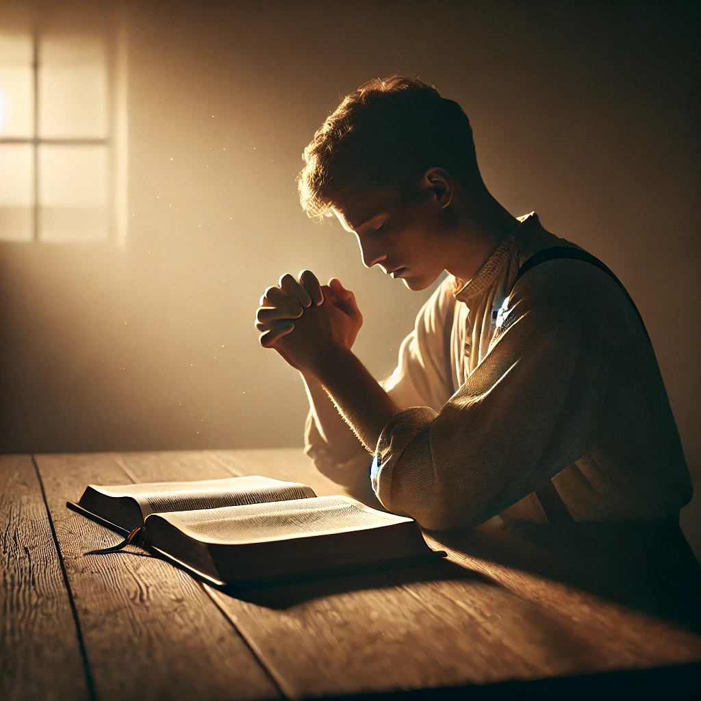 A person praying with an open Bible, seeking to hear God’s voice.