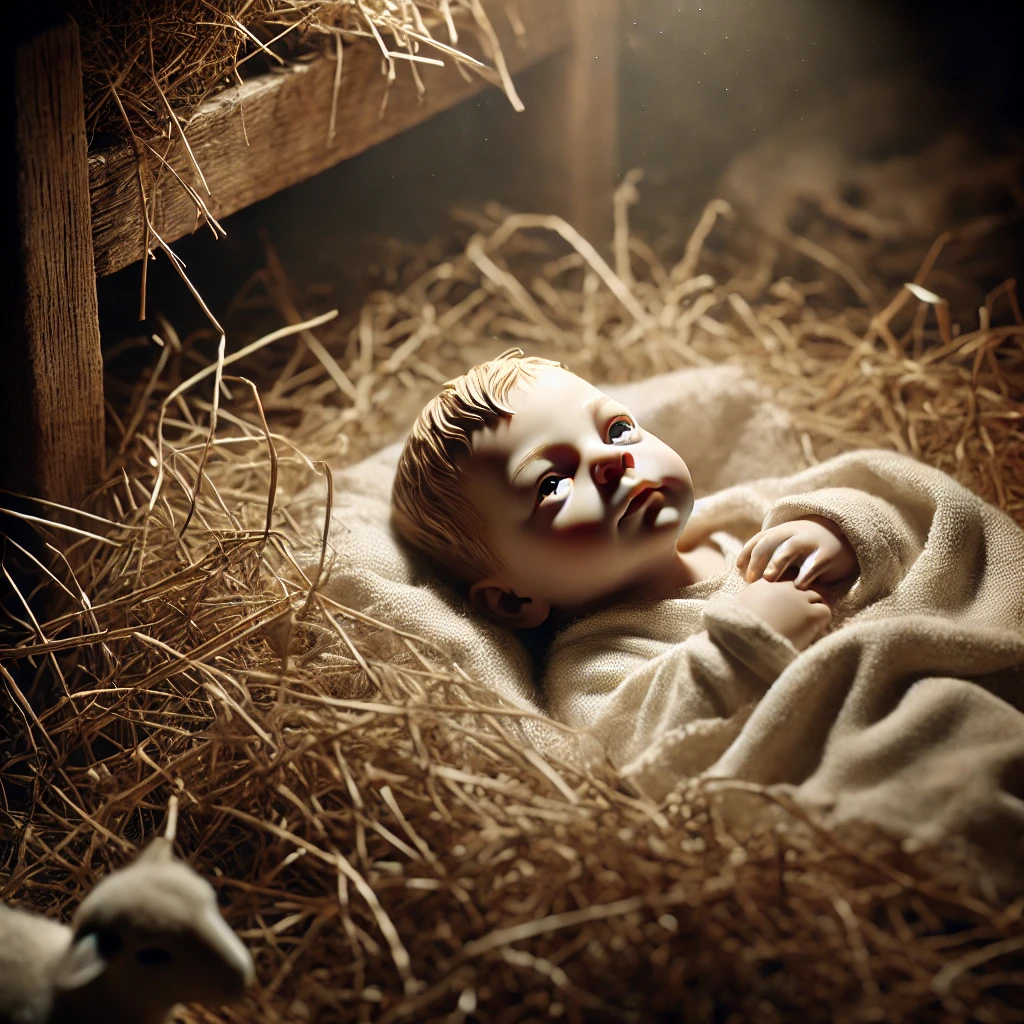 Baby Jesus in a manger, symbolizing His humble birth in Bethlehem