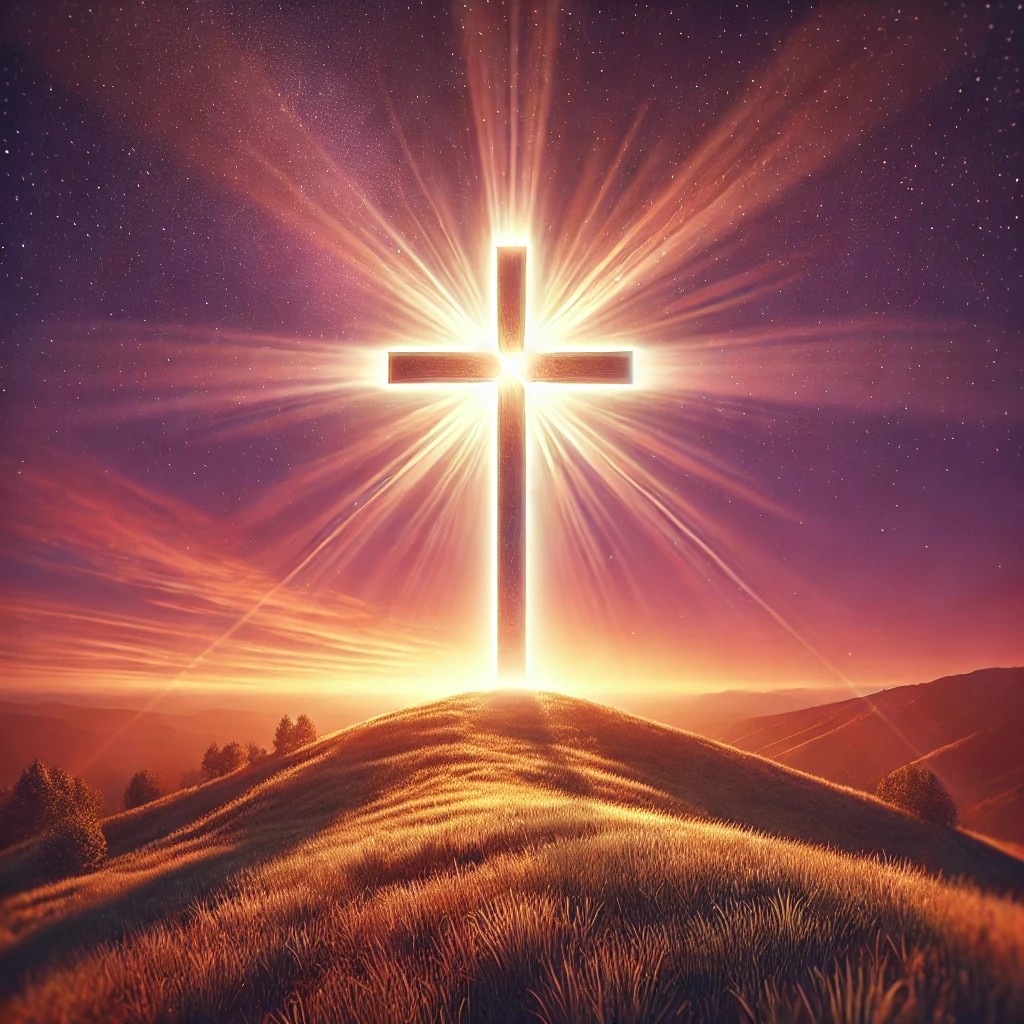 A glowing cross at sunset, symbolizing the redemption and forgiveness found through Jesus Christ.