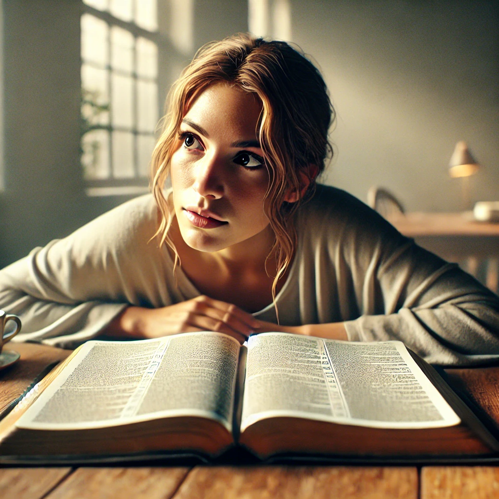 A person sitting at a wooden table, curiously reading an open Bible, symbolizing reflection and spiritual exploration.