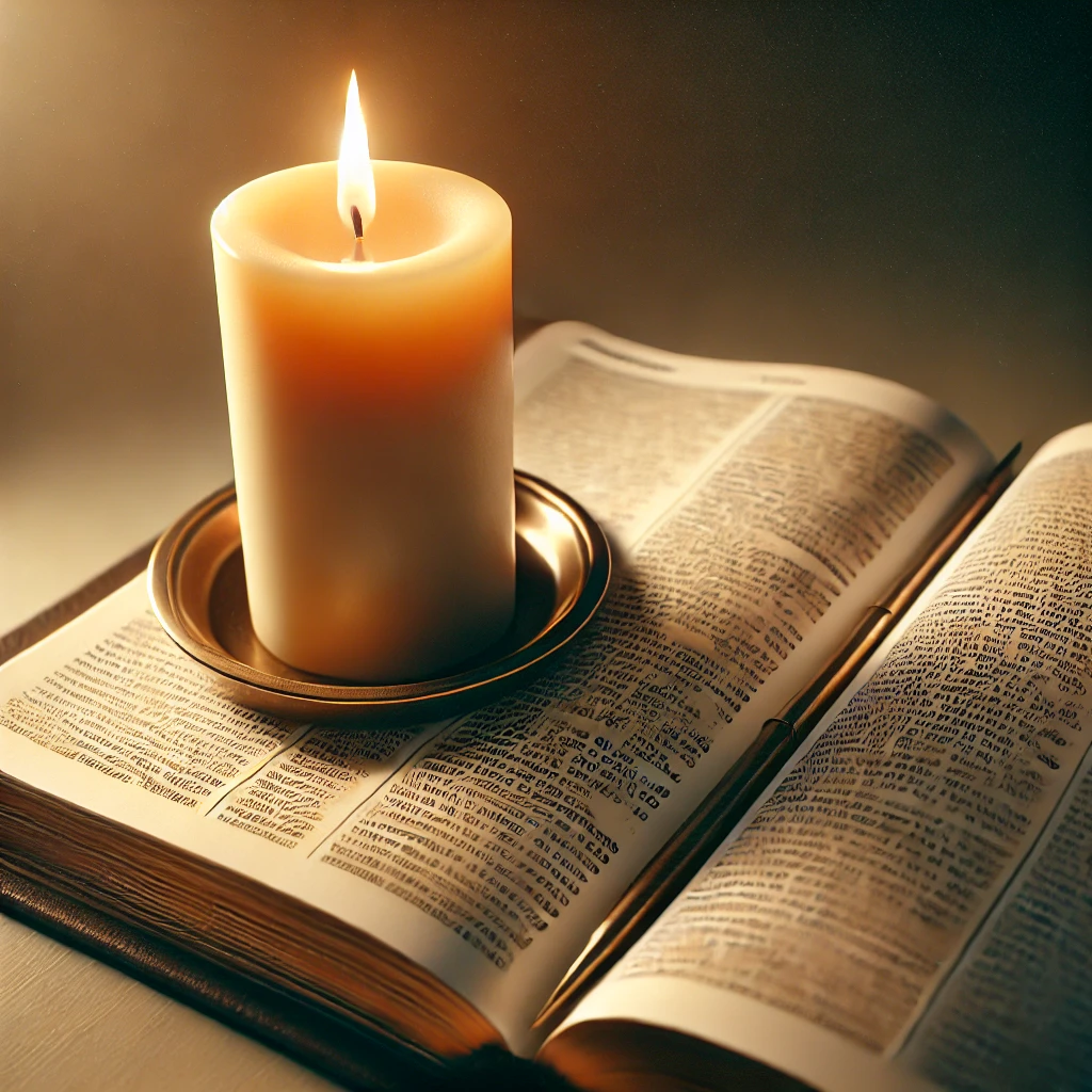 A glowing candle beside an open Bible, symbolizing reflection on the 10 Commandments and God’s guidance.