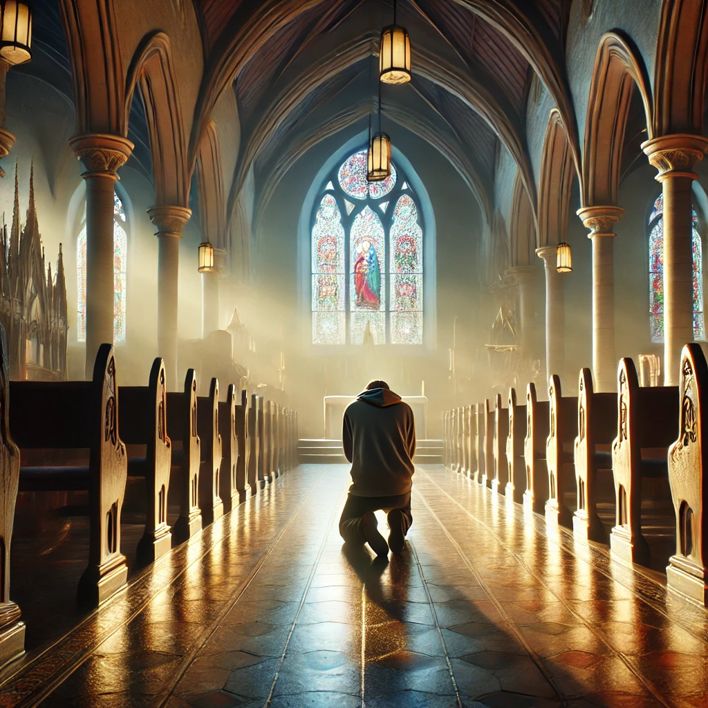 A person kneeling in prayer in solitude, symbolizing the act of repentance and seeking God.