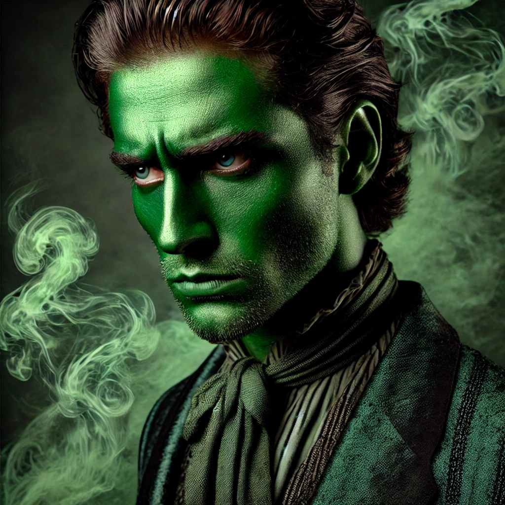 A surreal image of a person with green skin, symbolizing the emotion of envy. The individual has a jealous expression, with piercing eyes and furrowed brows, set against a dark, moody background with swirling green and black smoke. They are dressed in elegant but slightly tattered clothing, enhancing the dramatic and emotional tone.