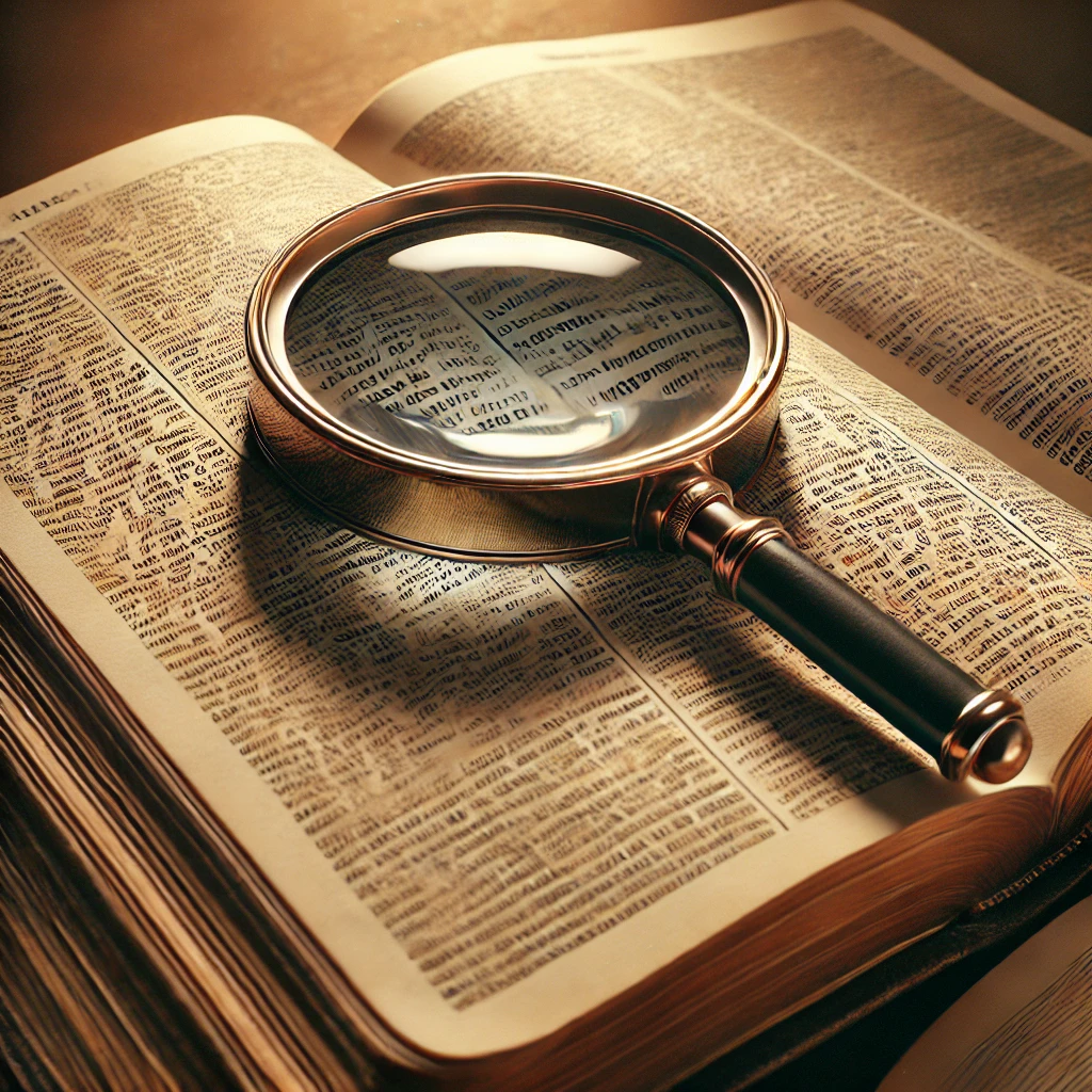 An open Bible with a magnifying glass, symbolizing studying Scripture to discern God’s voice.