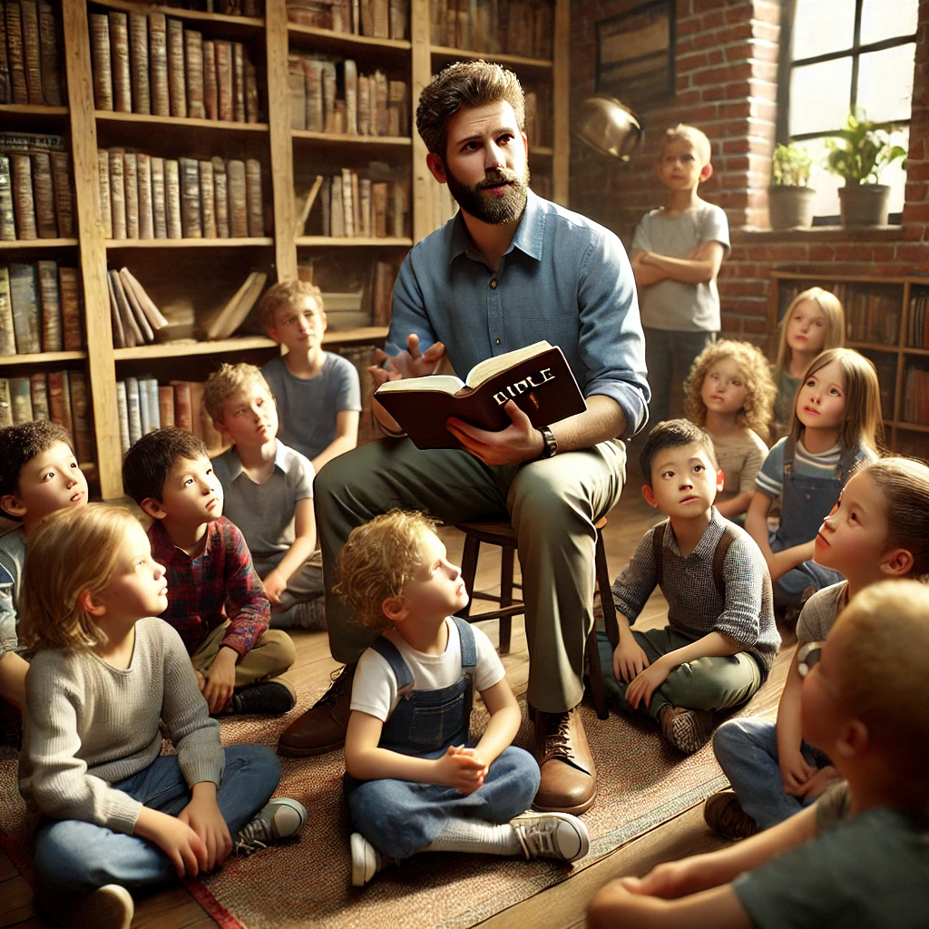 A teacher sharing a Bible story with children, illustrating how to teach God’s Word to younger audiences.