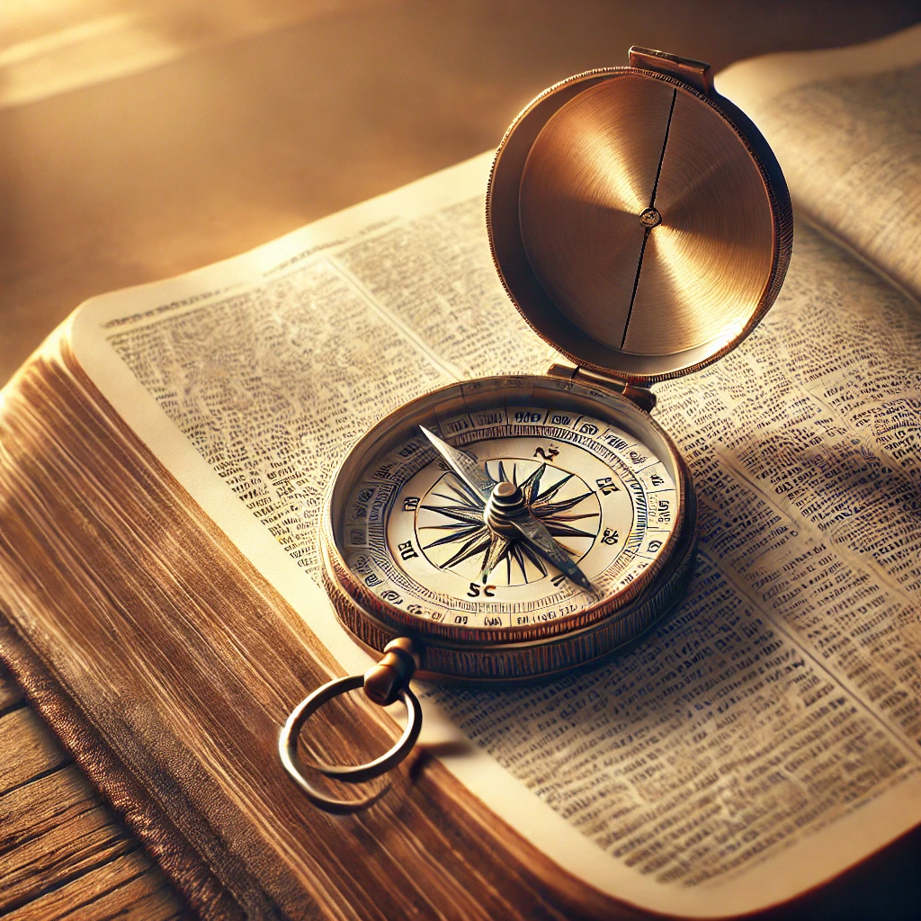 A compass on an open Bible, symbolizing the 10 Commandments as a moral compass for life.