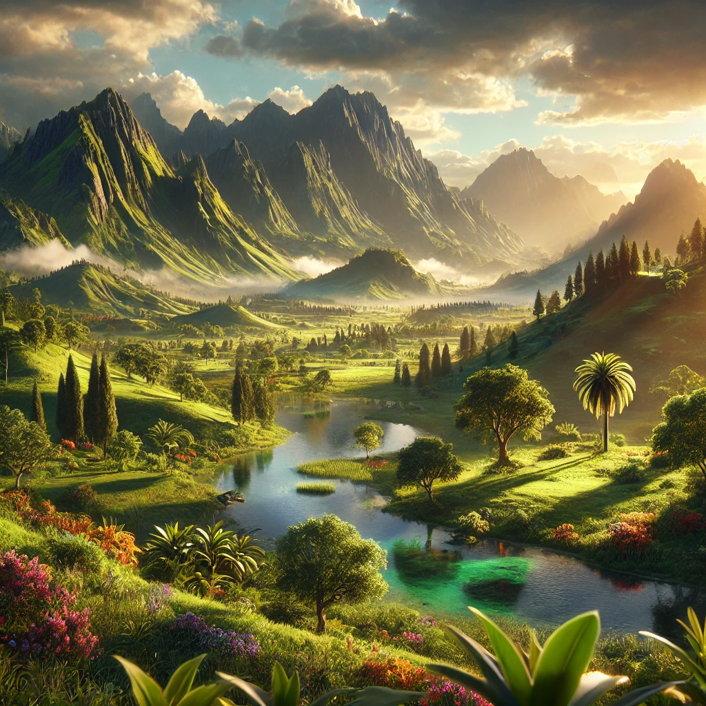 A vibrant landscape with mountains, flowing water, and greenery, representing God’s creation of land and vegetation.