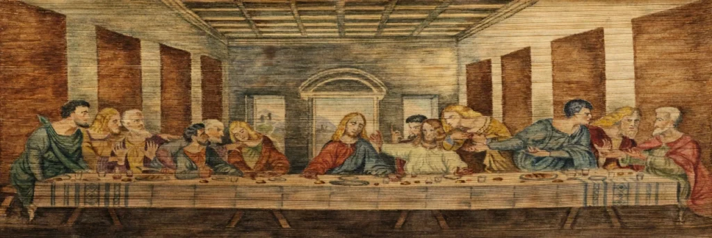 Jesus and His disciples at the Last Supper, the biblical origin of Holy Communion.