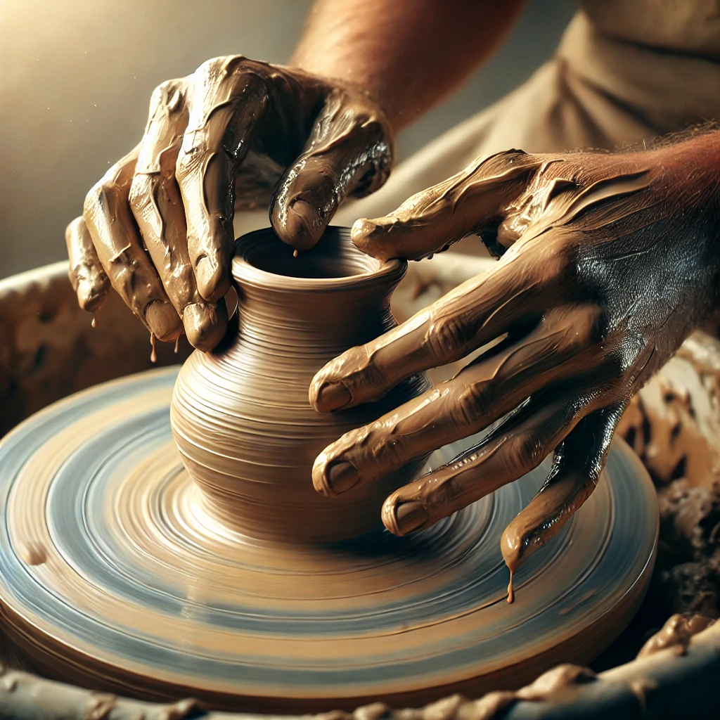 A potter's hands shaping clay on a wheel, symbolizing God's sovereignty and purpose in creation.