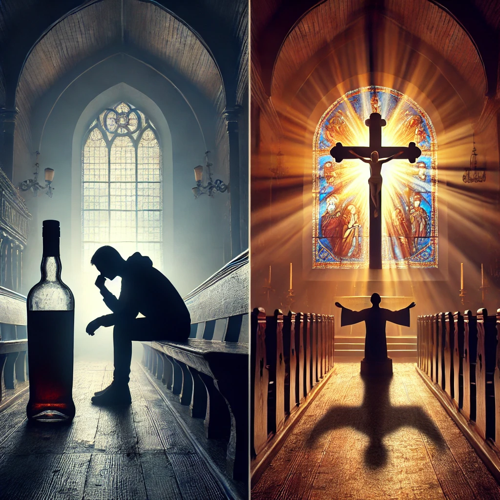  person sits in a church with a bottle of alcohol on one side, while on the other side, a bright cross shines down on a worshiper kneeling beneath it.