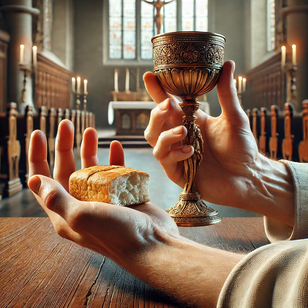 Hands holding bread and wine, representing the body and blood of Christ in Holy Communion.