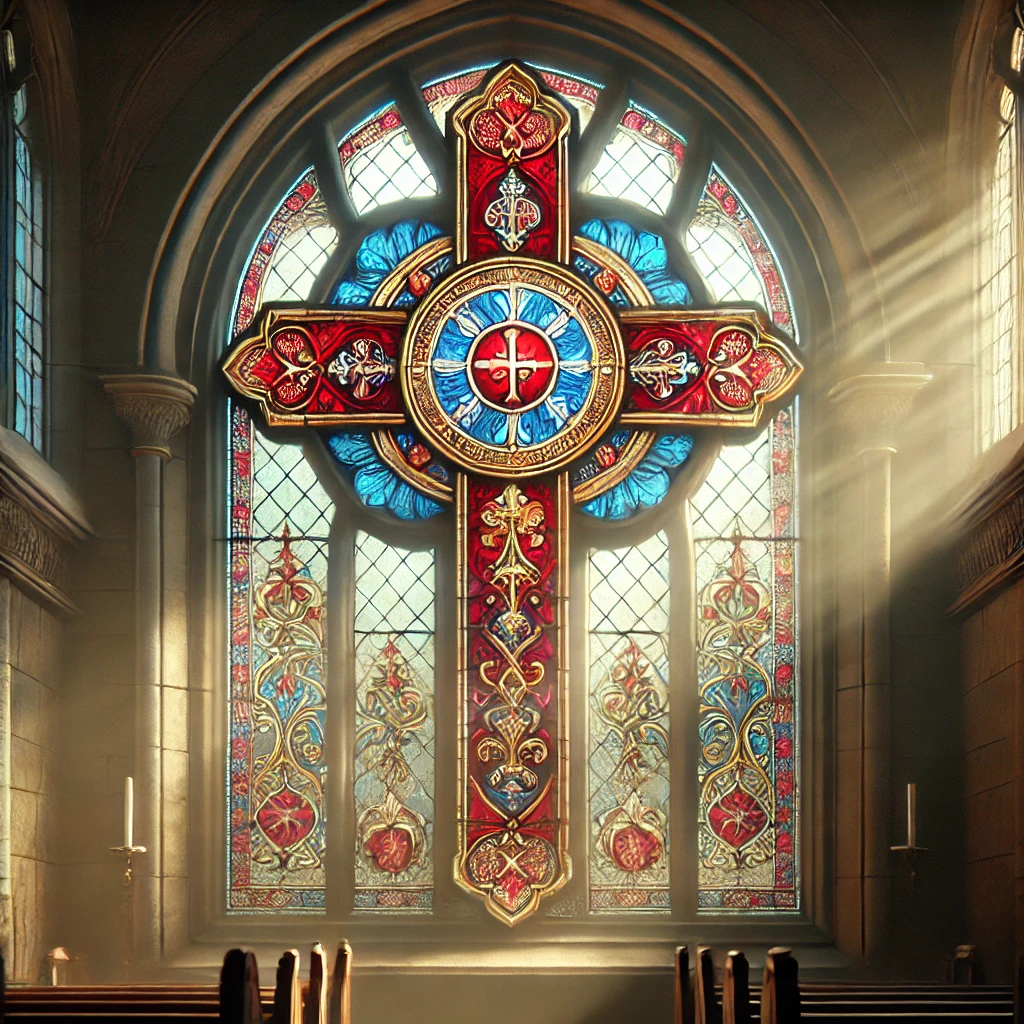 A stained glass cross in a church, representing the shared foundation of Christianity across its sectors.