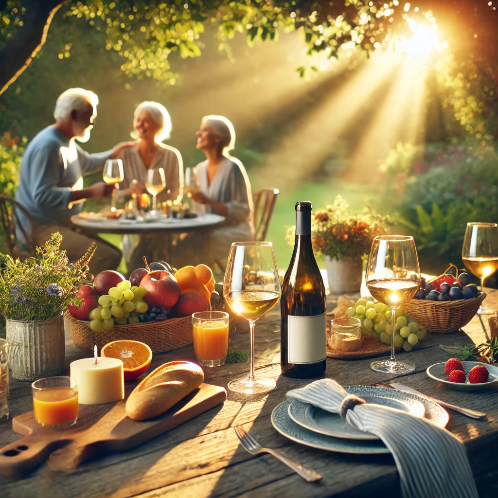  An outdoor scene of a beautifully set table in a peaceful garden during golden hour, symbolizing a balanced lifestyle. The table features two elegant wine glasses, a bottle of wine, and a wholesome meal of fresh fruits, bread, and cheese. Friends are gathered around, laughing and enjoying each other’s company, with lush greenery and soft sunlight filtering through the trees in the background.