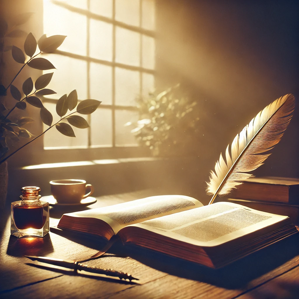 An open Bible on a wooden table, illuminated by warm sunlight from a nearby window, with a quill, ink bottle, and a cup of tea in the background.