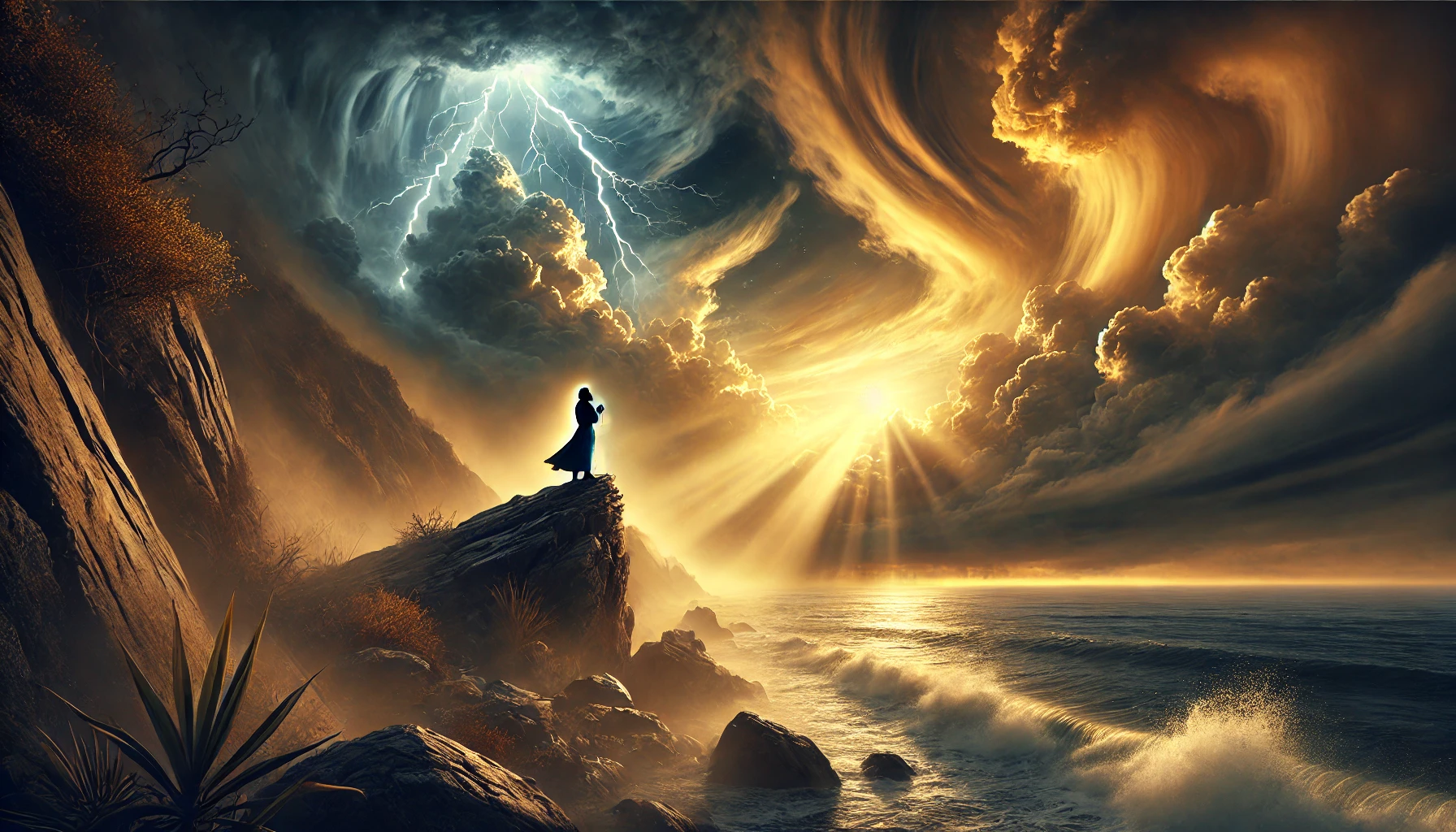 A lone figure stands on a rocky cliff during a storm with dark clouds and lightning in the sky. A golden light breaks through the storm clouds, symbolizing hope and faith, as waves crash against the rocks below.