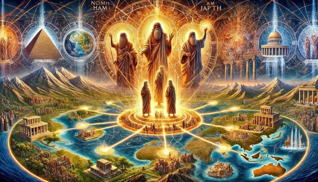 A detailed illustration of Genesis 10, portraying the descendants of Noah spreading across the earth to form nations. The image features vibrant landscapes with groups of people traveling, settling, and building civilizations, symbolizing the origins of humanity's diverse nations and cultures.