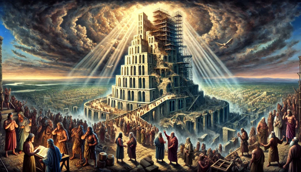 A dramatic depiction of Genesis 11, featuring the towering construction of the Tower of Babel as workers labor together under a cloudy sky. The image captures the confusion of languages as people scatter across the earth, symbolizing humanity’s pride and God’s intervention.