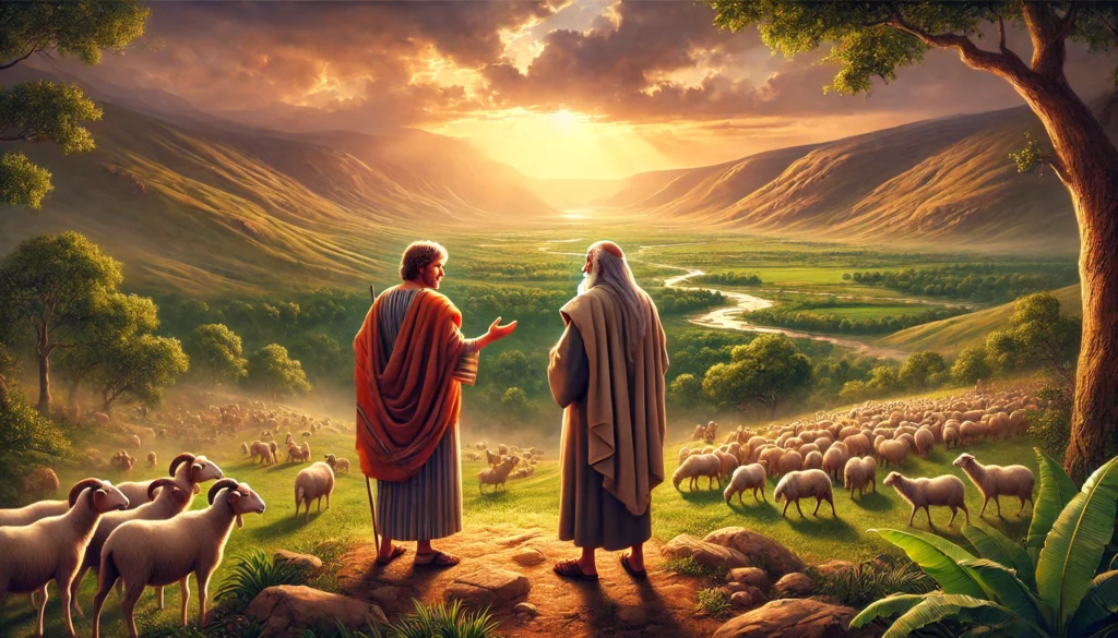 A serene depiction of Genesis 13, showing Abram and Lot standing on a hill overlooking a lush and expansive land. The scene captures their peaceful separation as Lot chooses the fertile plains of the Jordan while Abram remains in Canaan, trusting in God’s promise.