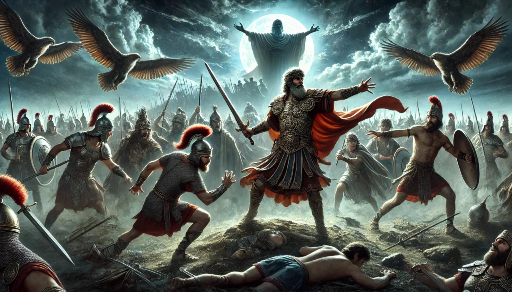 A dramatic depiction of Genesis 14, showing Abram leading a victorious rescue of Lot from enemy kings. The scene features Abram with his allies in a nighttime battle, symbolizing courage, faith, and divine intervention.