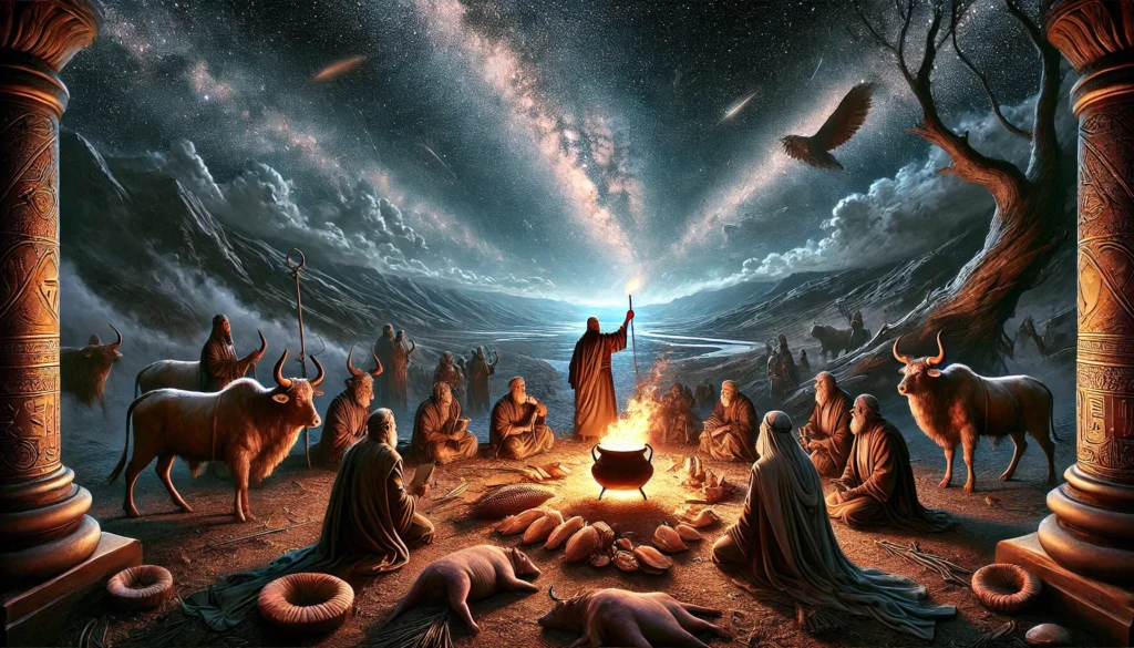 A symbolic depiction of Genesis 15, showing Abram under a starry night sky, representing God's promise of countless descendants. The foreground includes a covenant ceremony with divided animal sacrifices and a blazing torch passing between them, symbolizing God's presence and faithfulness.