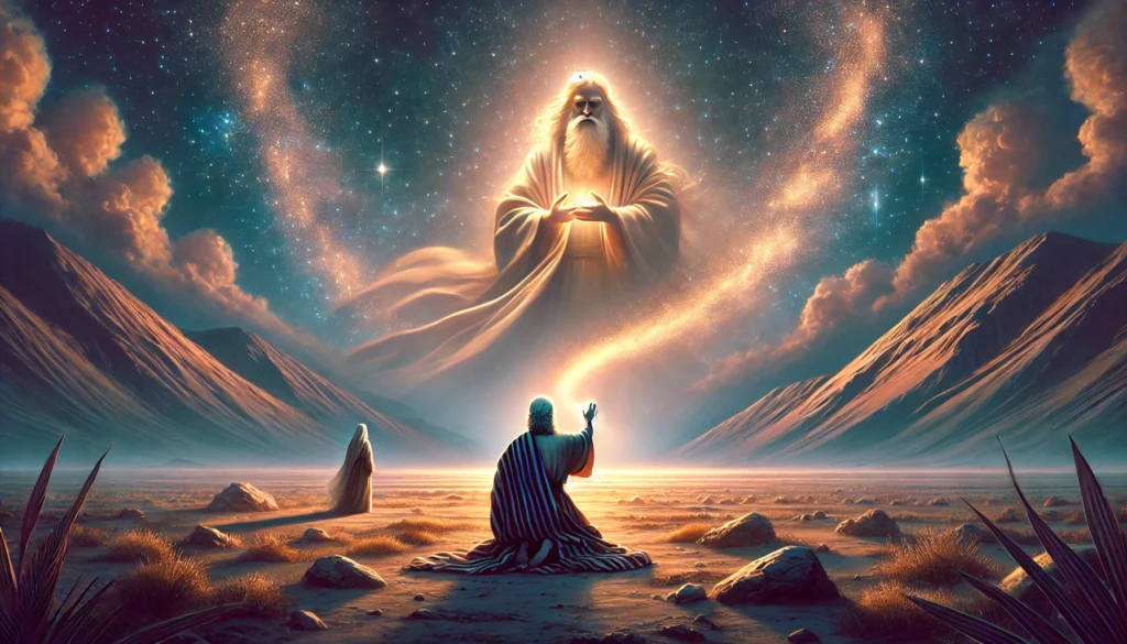 Abraham kneeling under a starry sky, illuminated by a divine light symbolizing God’s covenant, with Sarah standing in the background, signifying her role in the promise.