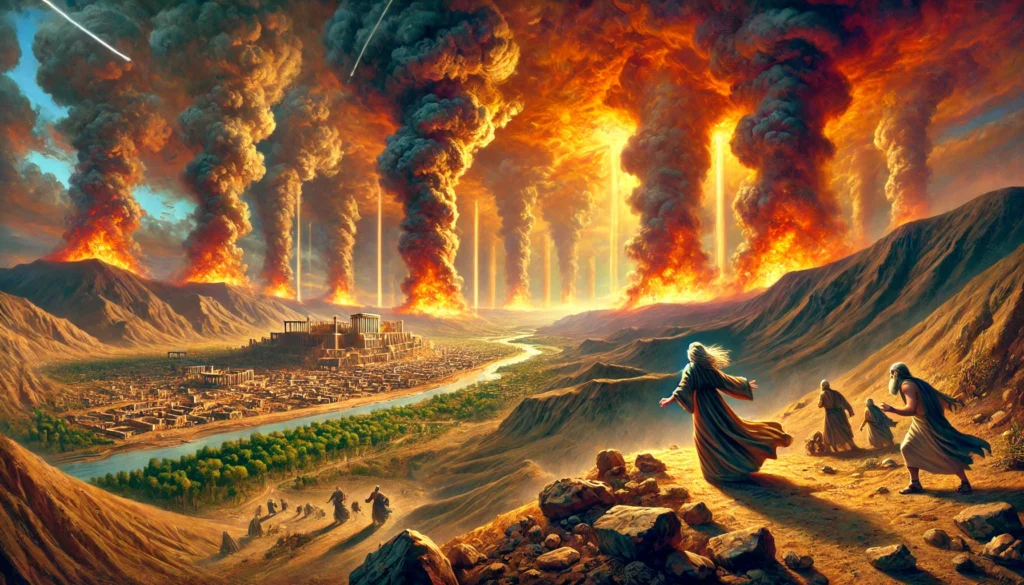 Lot and his family fleeing Sodom and Gomorrah as fire and brimstone rain down, with angels guiding them to safety. The destruction of the cities symbolizes divine judgment.