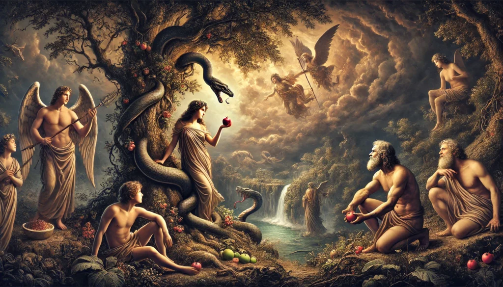 A dramatic artistic depiction of Genesis 3, showing Adam and Eve after eating the forbidden fruit in the Garden of Eden. The serpent coils around the Tree of Knowledge, while Adam and Eve hide among the trees, covering themselves with fig leaves. A shadowy atmosphere conveys the gravity of the Fall, as God approaches, symbolized by a beam of light breaking through the clouds. The scene captures the moment of shame, disobedience, and the introduction of sin into the world.